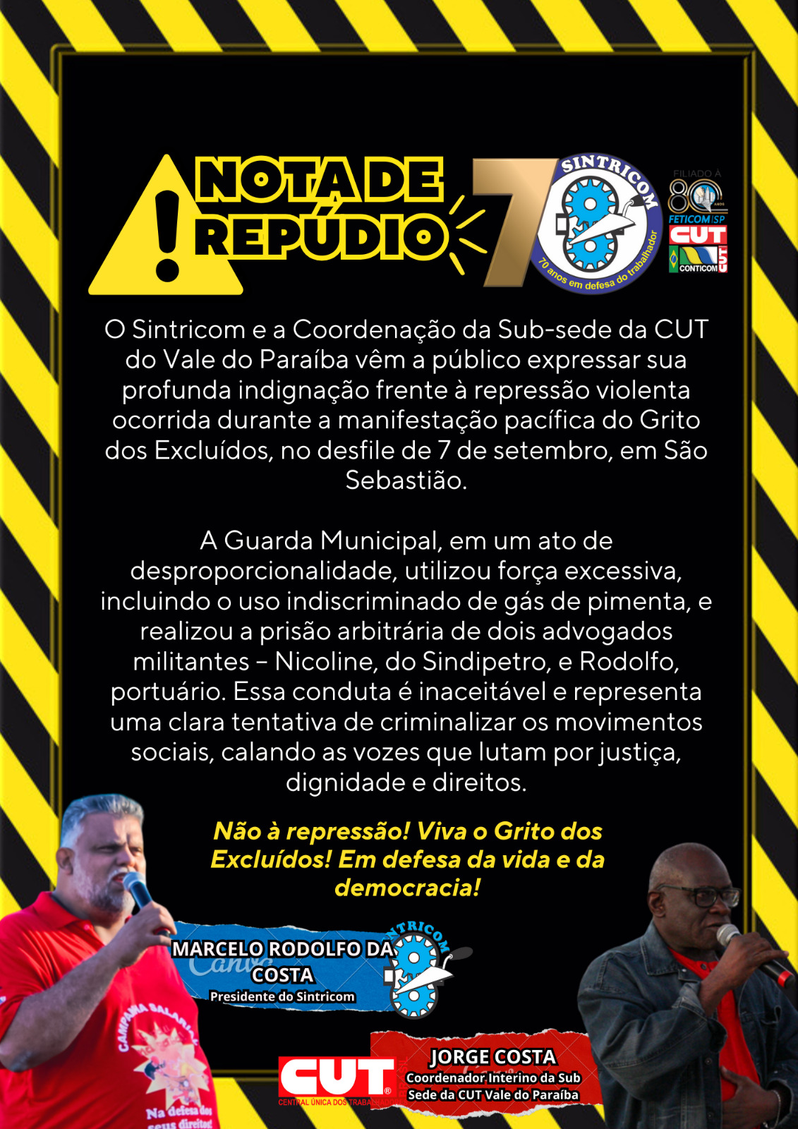 Nota de Repúdio do Sintricom e da Coordenação da Sub-sede da CUT do Vale do Paraíba